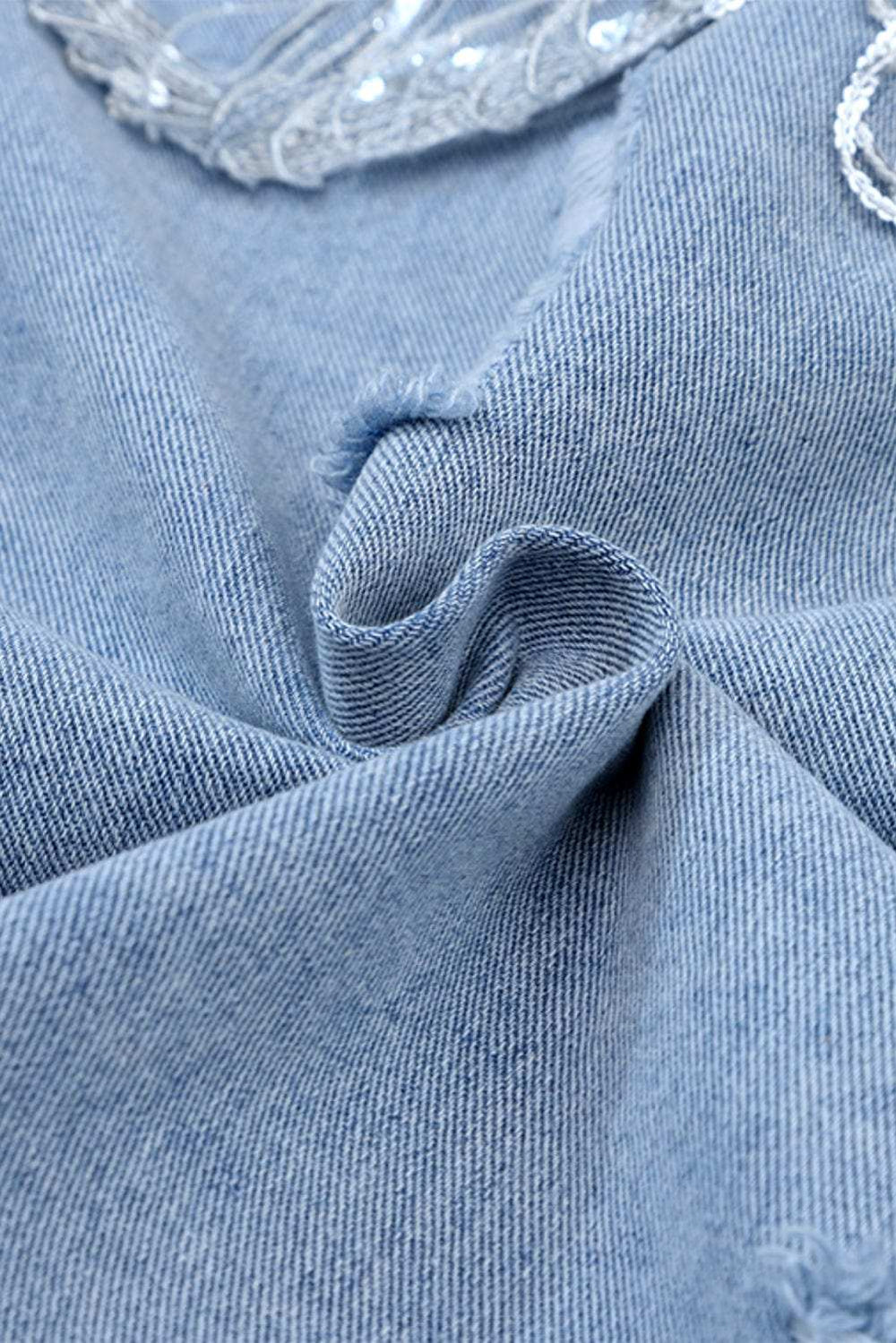 Sequin Fringe Trim Distressed Button Up Denim Jacket - Trendsi - Flyclothing LLC