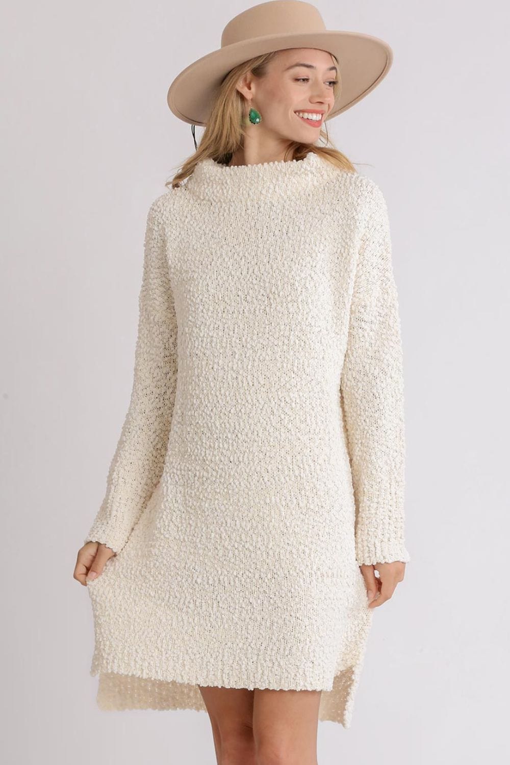 Umgee Full Size High Low Long Sleeve Boucle Sweater Dress Plus Size - Trendsi