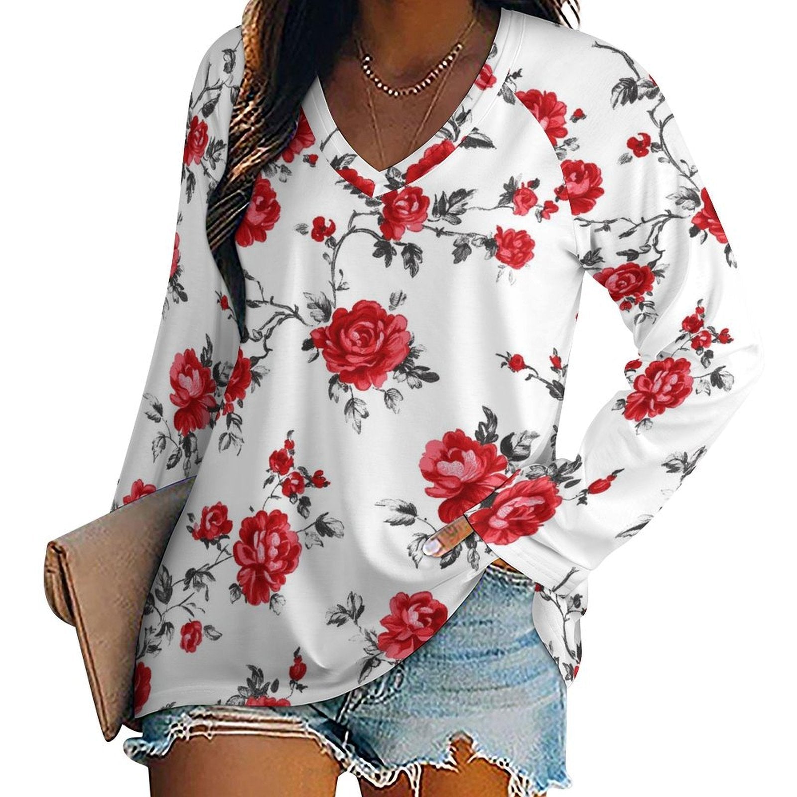 Baha Ranch Colores de Mexico Red Rose Floral Long Sleeve Top