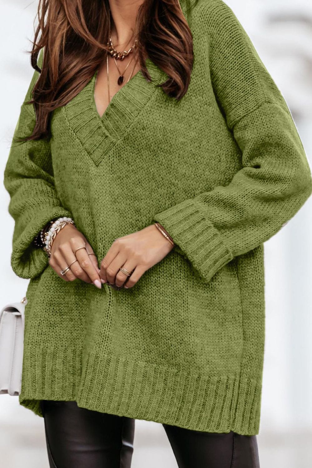 V-Neck Dropped Shoulder Sweater - Trendsi