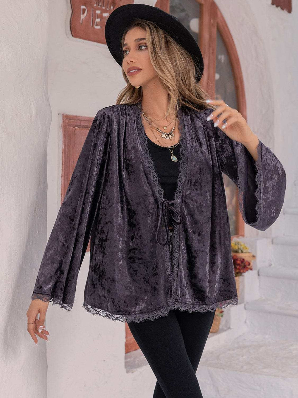 Tied Lace Detail Long Sleeve Cardigan - Trendsi - Flyclothing LLC