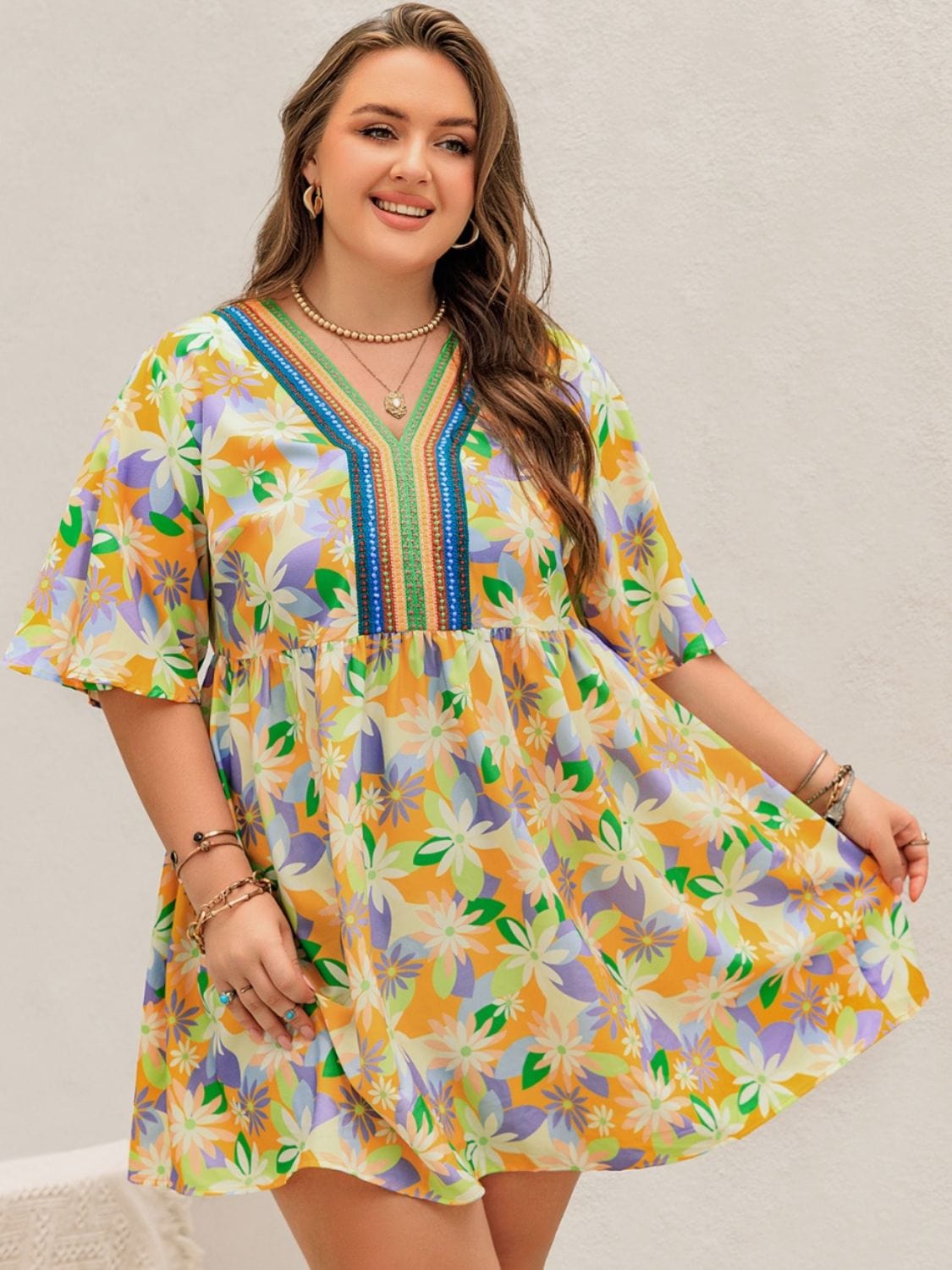 Plus Size Printed V-Neck Half Sleeve Mini Dress - Trendsi