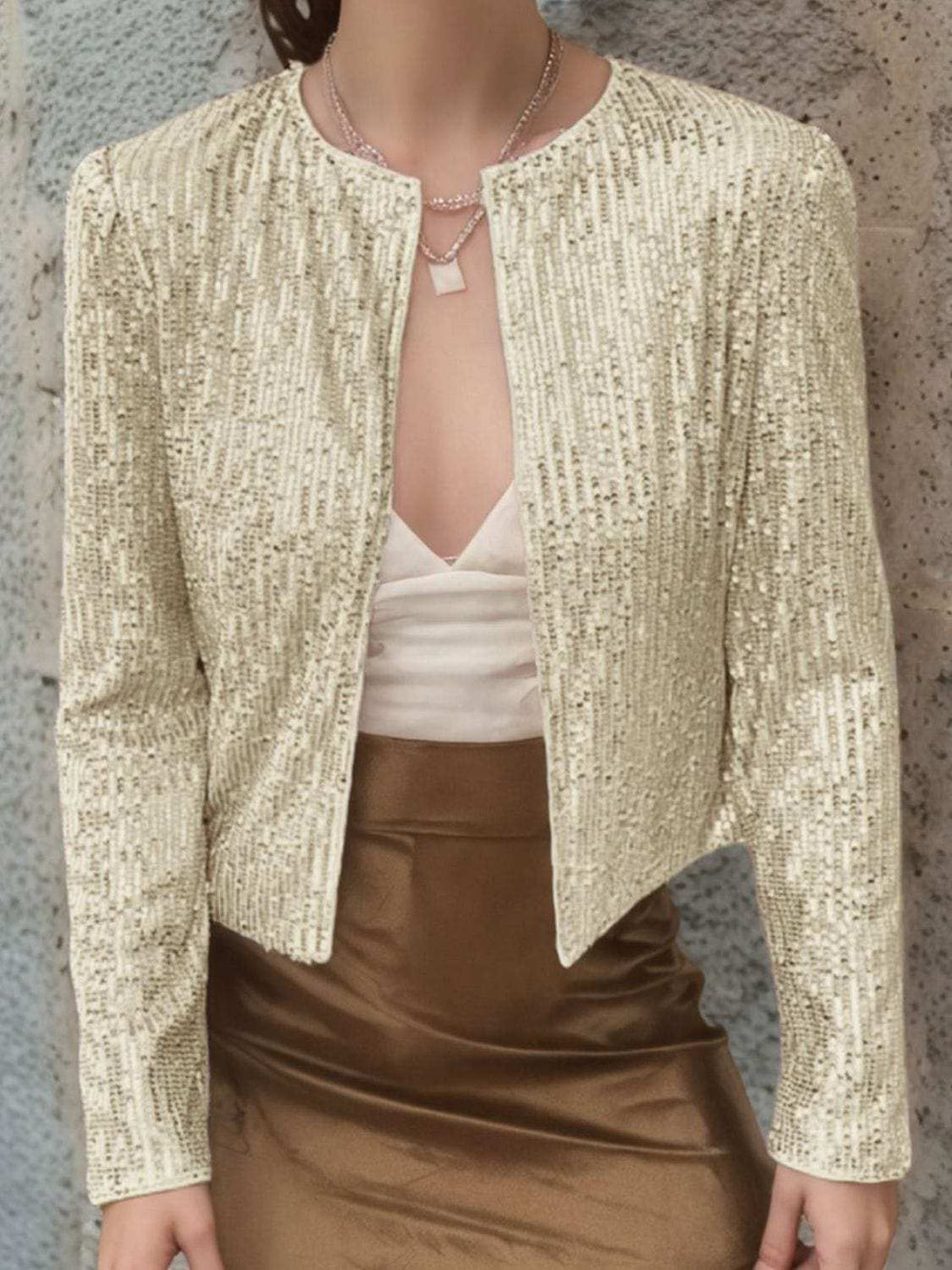 Full Size Sequin Open Front Cropped Jacket - Trendsi - Flyclothing LLC