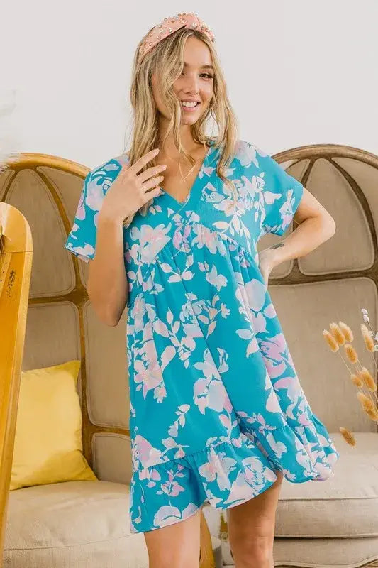 BiBi Floral Crinkle Shirred Ruffle Detail V Neck Dress - Trendsi - Flyclothing LLC