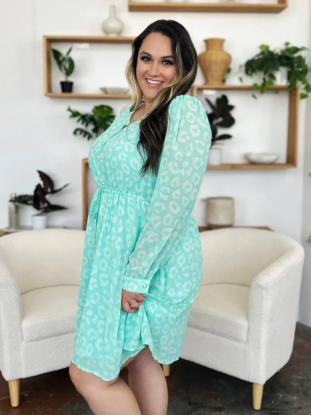 Double Take Full Size Printed Ruched V-Neck Long Sleeve Dress - Trendsi - Flyclothing LLC
