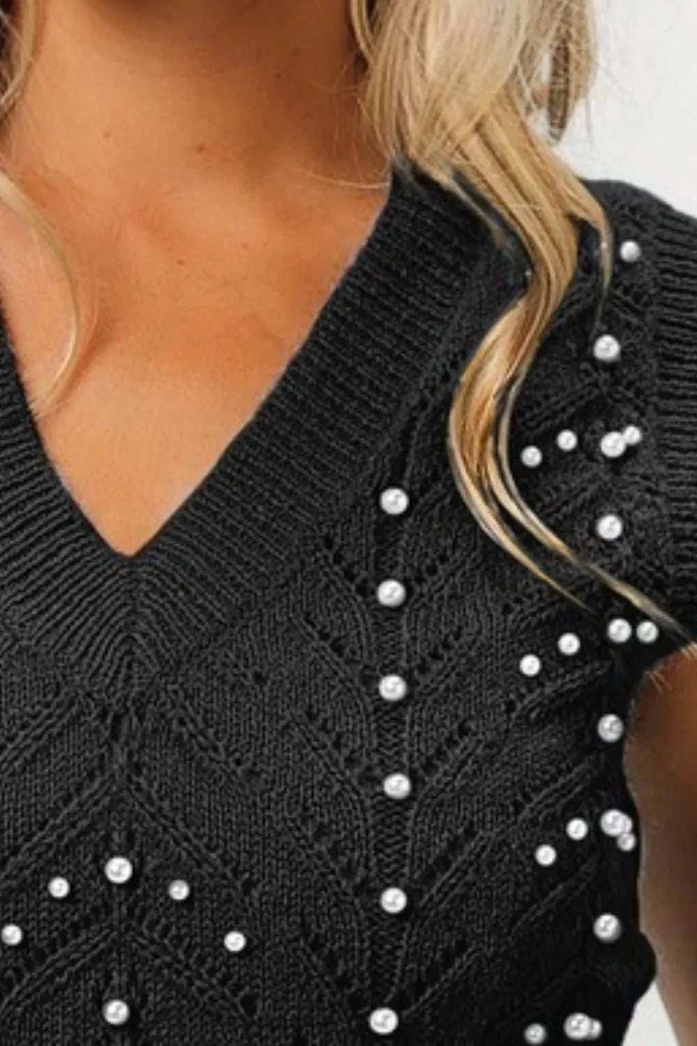 BiBi Chevron Pointelle Pearl Knit Top - Trendsi - Flyclothing LLC