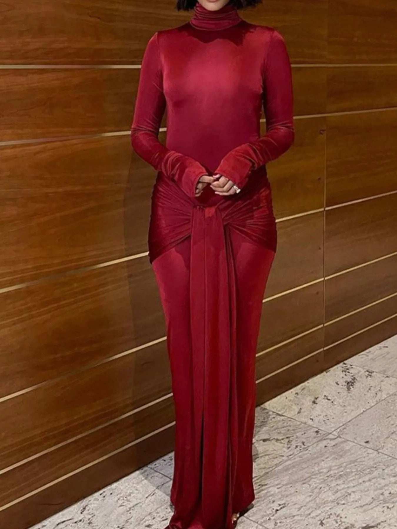Ruched Turtleneck Long Sleeve Tie Front Maxi Dress - Trendsi - Flyclothing LLC
