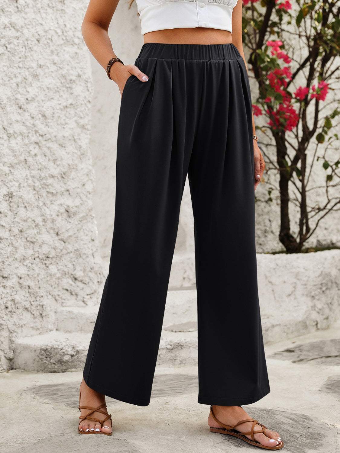 Elastic Waist Wide Leg Pants - Trendsi - Flyclothing LLC