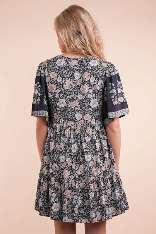 VERY J Shirring Detail Printed Woven Mini Dress - Trendsi - Flyclothing LLC