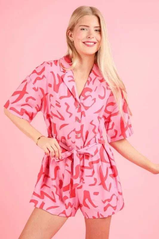 VERY J Oversized Printed Button Down Resort Romper - Trendsi - Flyclothing LLC
