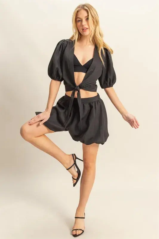 HYFVE Front Tie Top and Bubble Hem Shorts - Trendsi - Flyclothing LLC