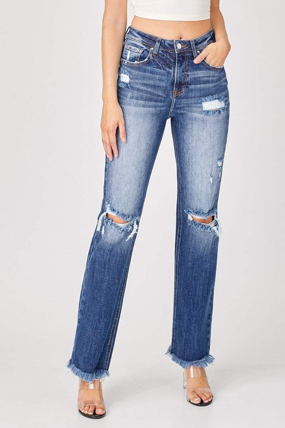 Risen Full Size Raw Hem Distressed Straight Jeans - Trendsi - Flyclothing LLC