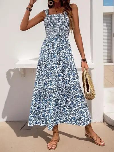 Perfee Frill Printed Square Neck Midi Cami Dress - Trendsi