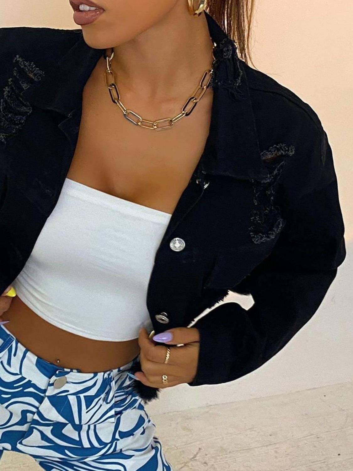 Distressed Collared Neck Long Sleeve Denim Top - Trendsi - Flyclothing LLC
