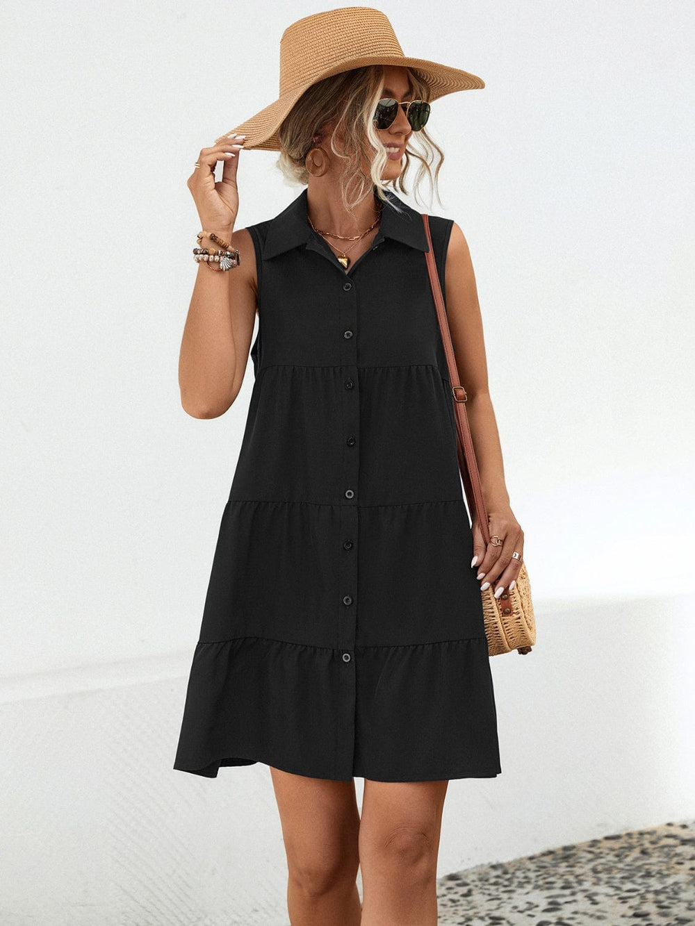 Button Up Sleeveless Mini Dress - Trendsi