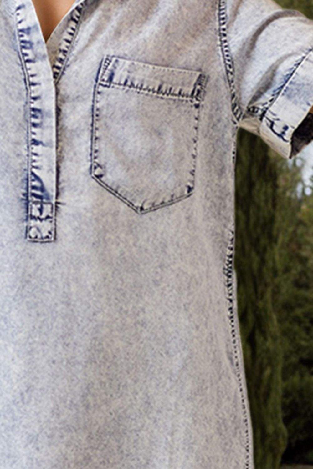 Pocketed Collared Neck Short Sleeve Denim Dress - Trendsi - Flyclothing LLC