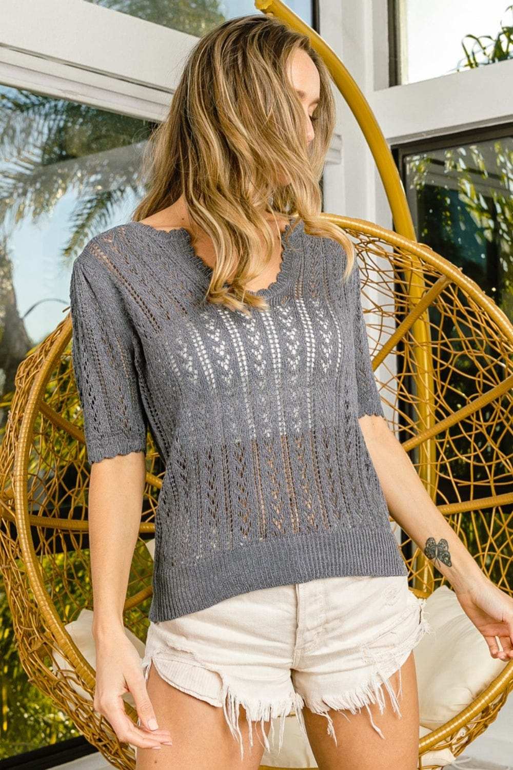 BiBi Eyelet Puff Sleeve Knit Top - Trendsi - Flyclothing LLC