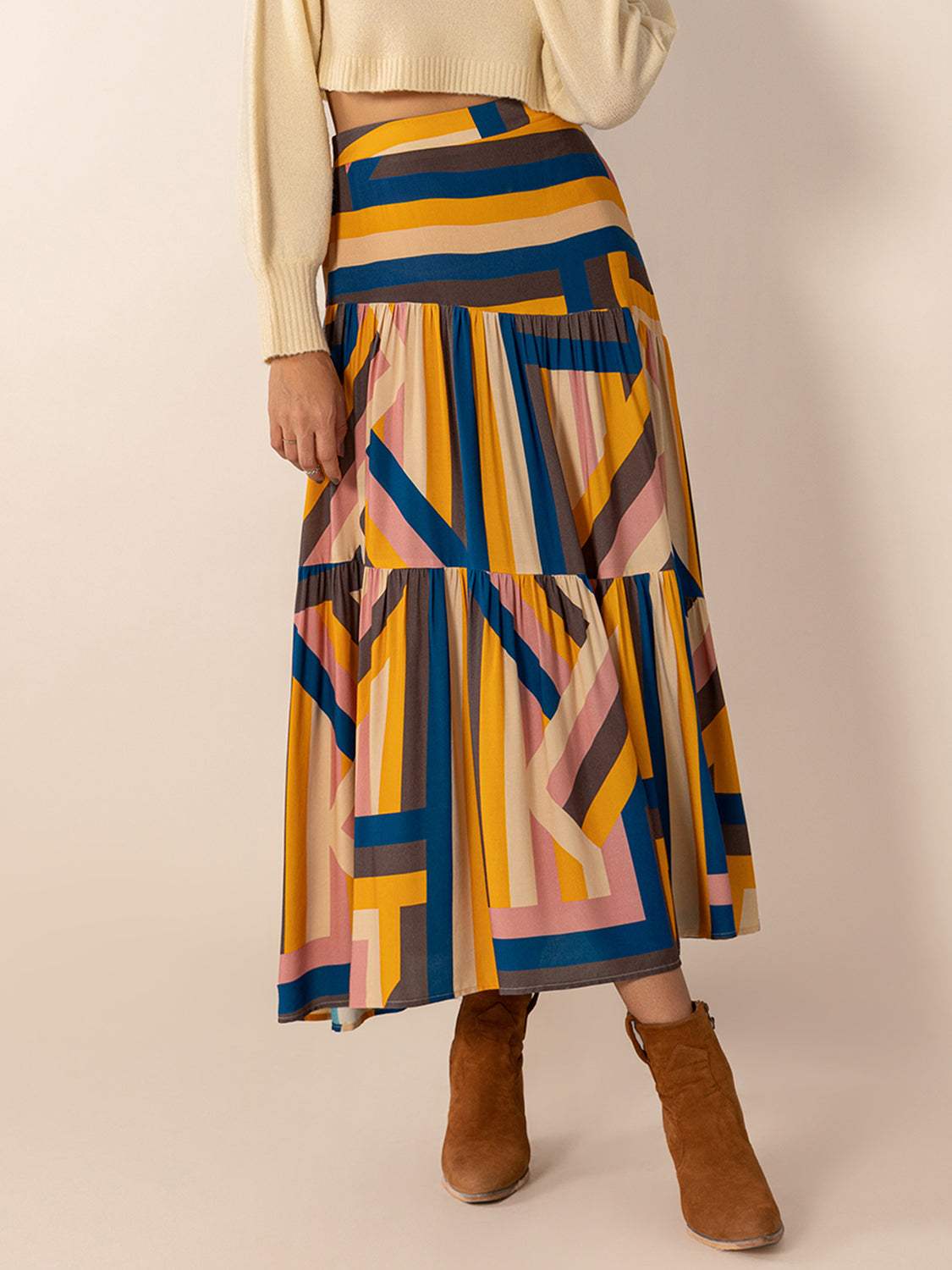 Ruched Elastic Waist Contrast Midi Skirt - Trendsi - Flyclothing LLC