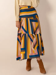 Ruched Elastic Waist Contrast Midi Skirt - Trendsi
