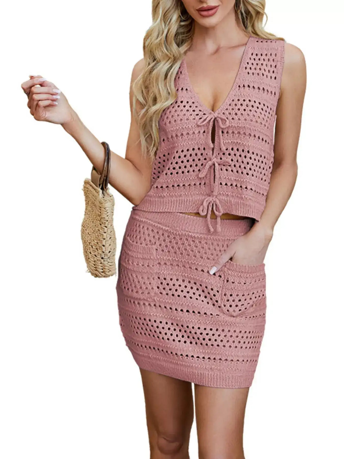 Crochet Knit Tie-Front Tank and Mini Skirt Set - Trendsi - Flyclothing LLC