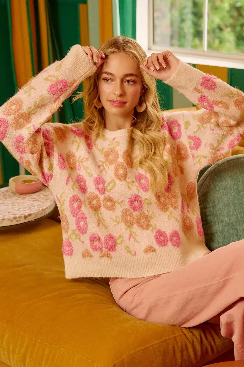 BiBi Towel Texture Floral Pattern Sweater - Trendsi - Flyclothing LLC