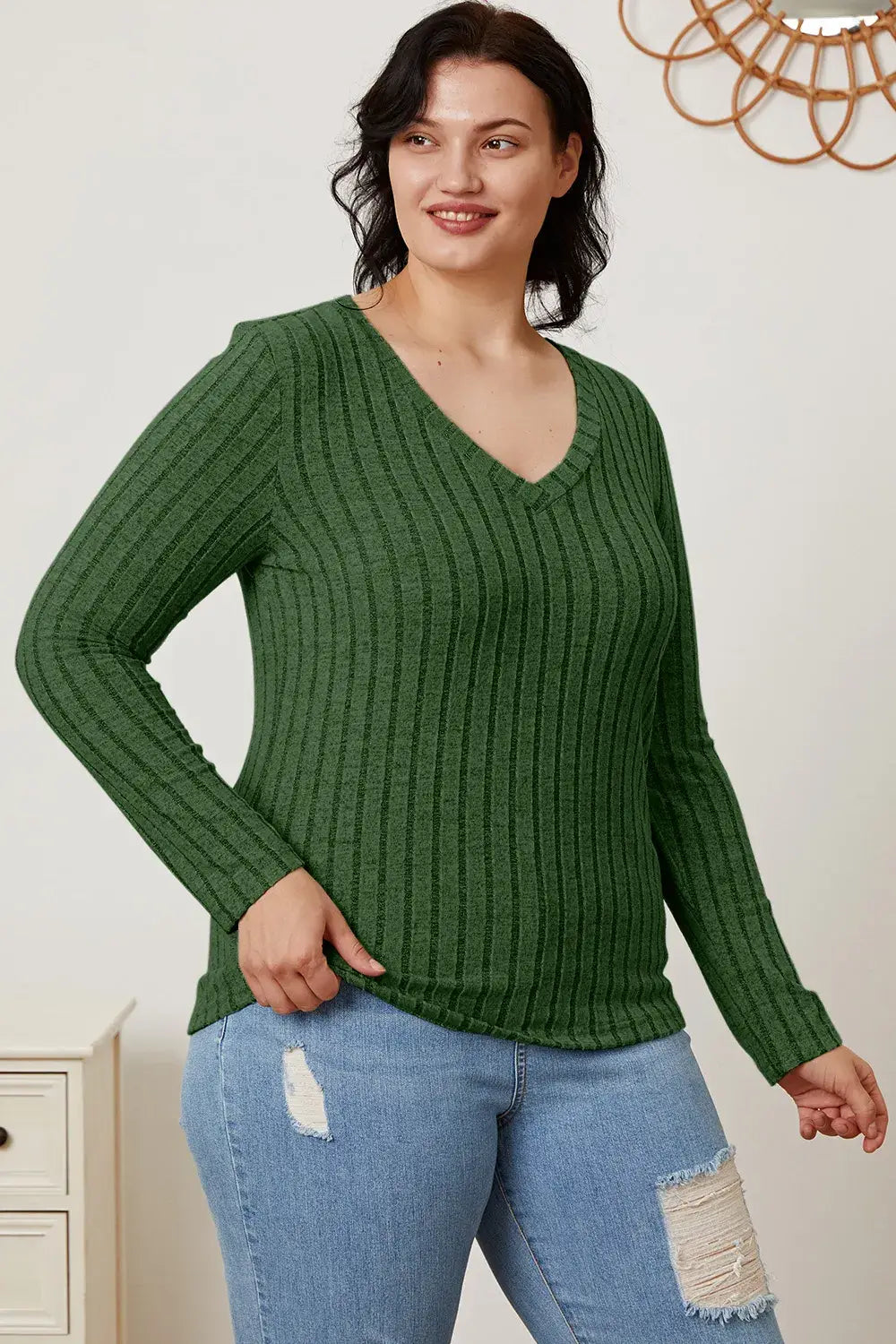 Basic Bae Full Size Ribbed V-Neck Long Sleeve T-Shirt - ShopBasicbae - Flyclothing LLC