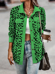 Full Size Leopard Collared Neck Button Up Long Sleeve Jacket - Trendsi