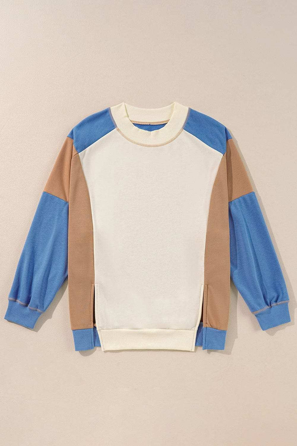 Slit Color Block Round Neck Long Sleeve Sweatshirt - Trendsi - Flyclothing LLC