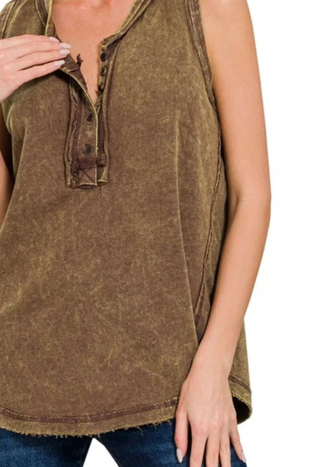 Zenana Washed Half-Button Raw Edge Sleeveless Henley Top - Trendsi - Flyclothing LLC