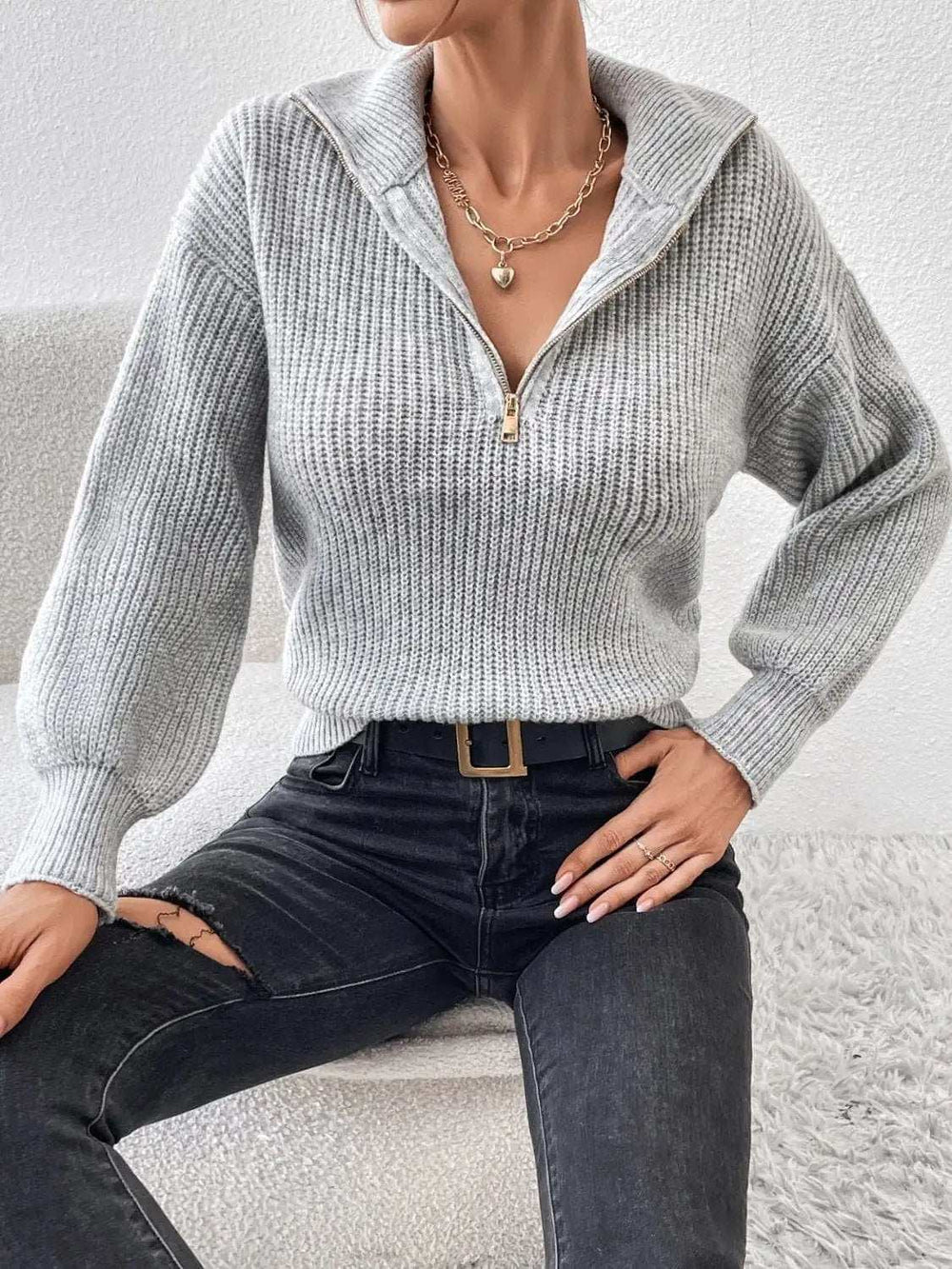 Honey Half Zip Dropped Shoulder Sweater - Trendsi - Flyclothing LLC