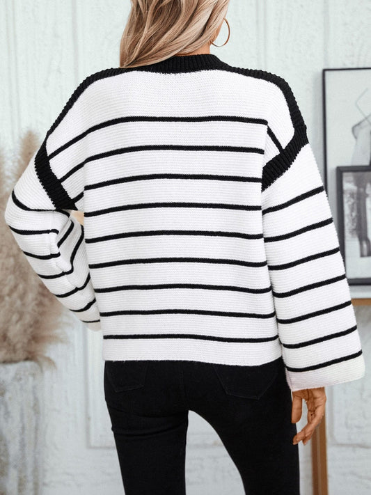 Striped Round Neck Long Sleeve Sweater - Trendsi