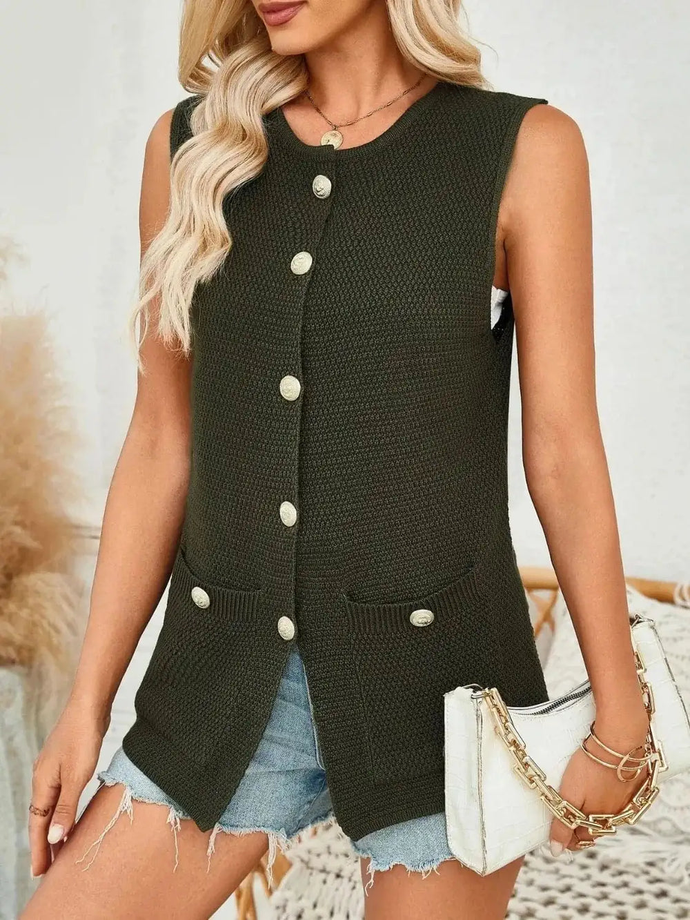 Button Down Round Neck Knit Vest - Trendsi