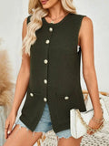 Button Down Round Neck Knit Vest - Trendsi