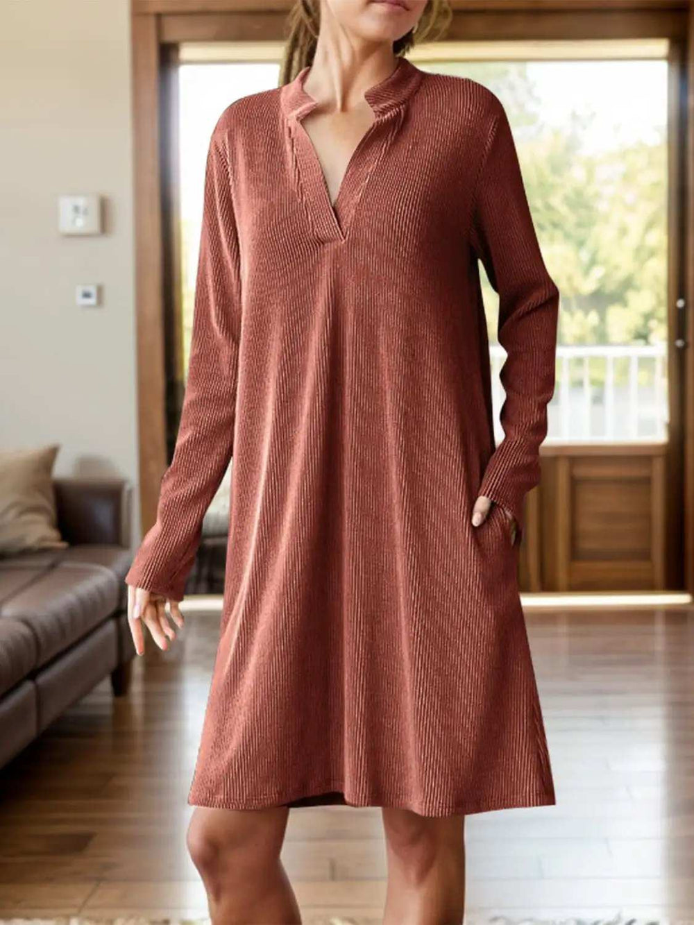 Notched Long Sleeve Mini Dress with Pockets - Trendsi - Flyclothing LLC