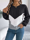 Cable-Knit Color Block Round Neck Sweater - Trendsi - Flyclothing LLC