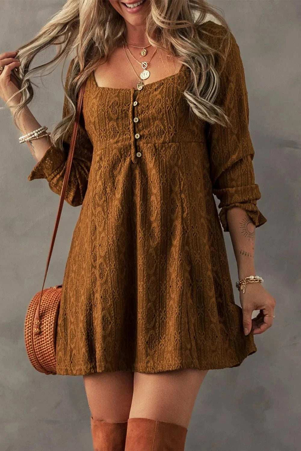 Textured Square Neck Mini Dress - Trendsi - Flyclothing LLC