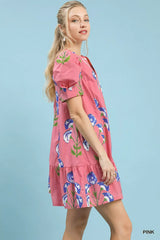 Umgee Floral Print Puff Sleeve Mini Dress with Scallop Trim - Trendsi - Flyclothing LLC