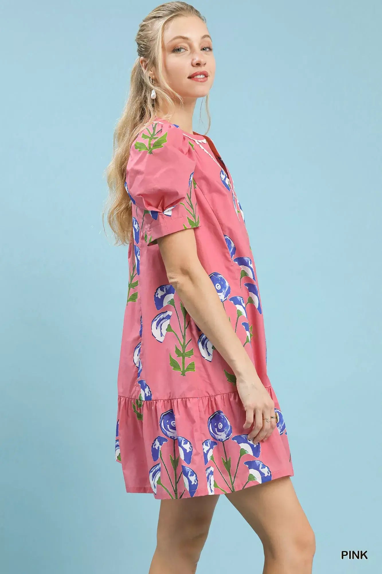 Umgee Floral Print Puff Sleeve Mini Dress with Scallop Trim - Trendsi - Flyclothing LLC