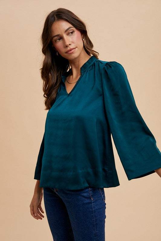 Annie Wear Satin Notched Three-Quarter Sleeve Blouse - Trendsi - Flyclothing LLC