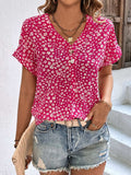 Printed V-Neck Short Sleeve Blouse - Trendsi - Flyclothing LLC