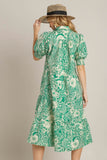 Umgee Full Size Printed Smocked Cuff Puff Sleeve Midi Dress Plus Size - Trendsi