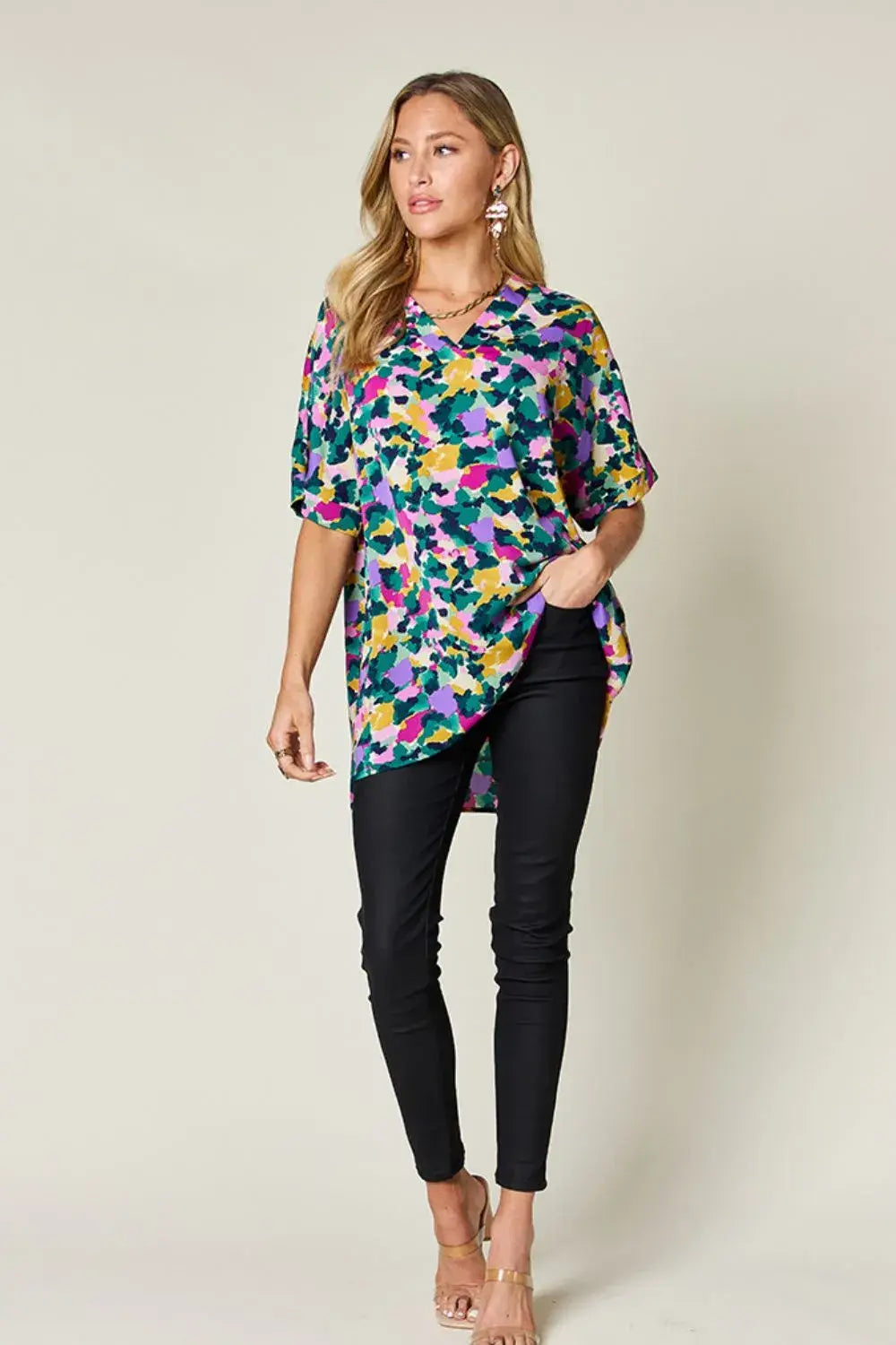 Double Take Full Size Printed V-Neck Short Sleeve Side Slit Top - Trendsi - Flyclothing LLC
