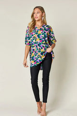 Double Take Full Size Printed V-Neck Short Sleeve Side Slit Top - Trendsi - Flyclothing LLC