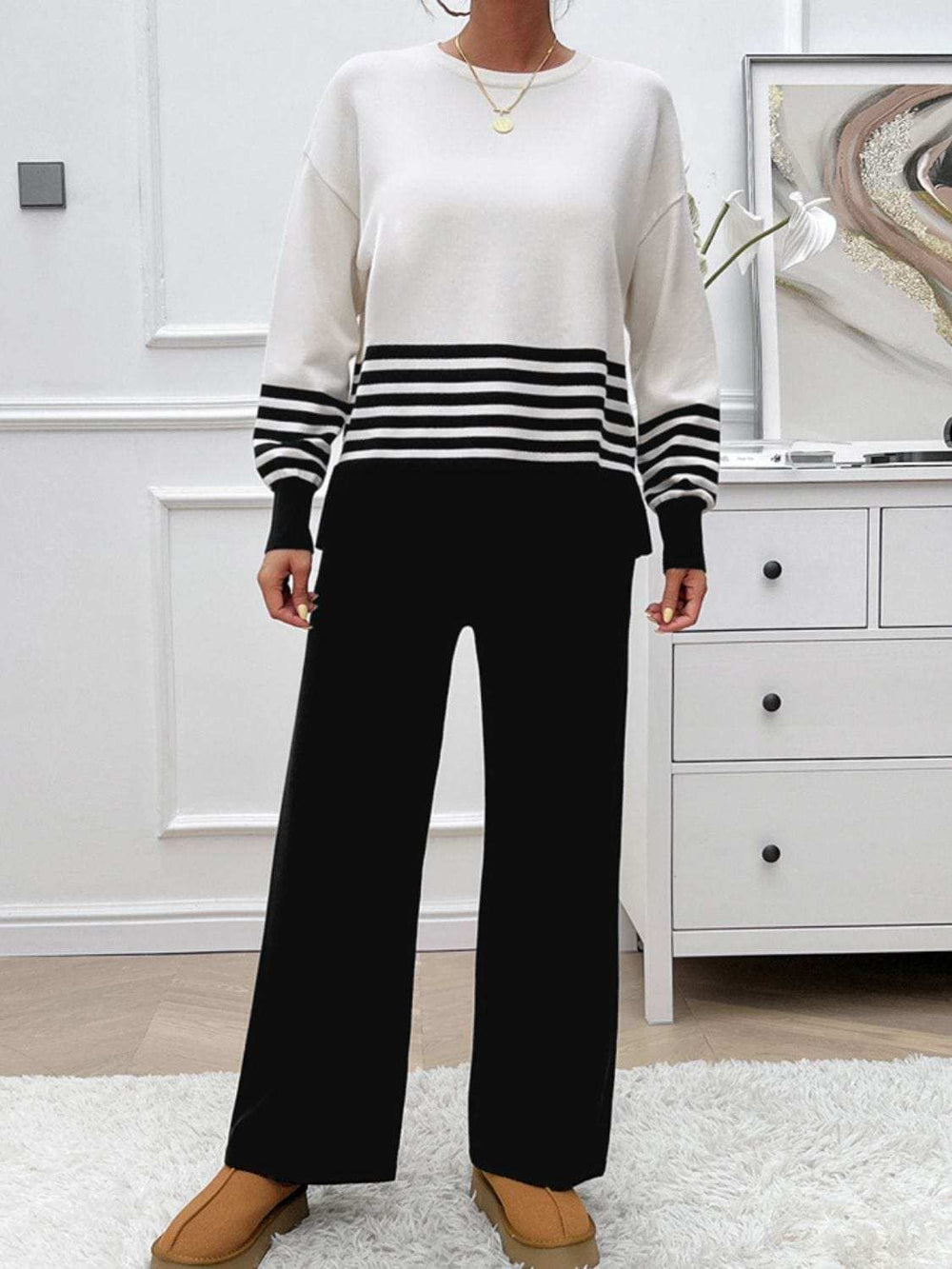 Devine Slit Striped Round Neck Top and Pants Sweater Set - Trendsi - Flyclothing LLC