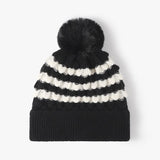 Striped Contrast Knit Hat with Pom-pom - Trendsi