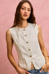 SO ME Scalloped Edge Cotton Twill Washed Vest Top - Trendsi - Flyclothing LLC