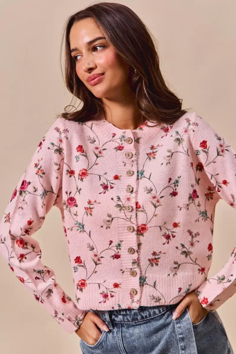 SO ME Floral Print Button Front Sweater Cardigan Top - Trendsi - Flyclothing LLC