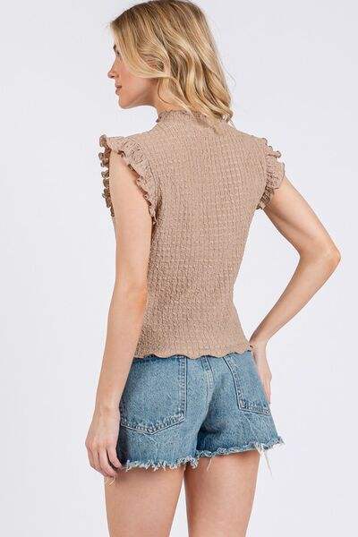 Ces Femme Texture Mock Neck Ruffle Cap Sleeve Blouse - Trendsi - Flyclothing LLC