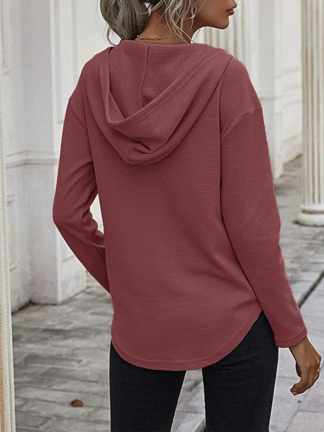 Drawstring Waffle Knit Long Sleeve Hooded Top - Trendsi - Flyclothing LLC