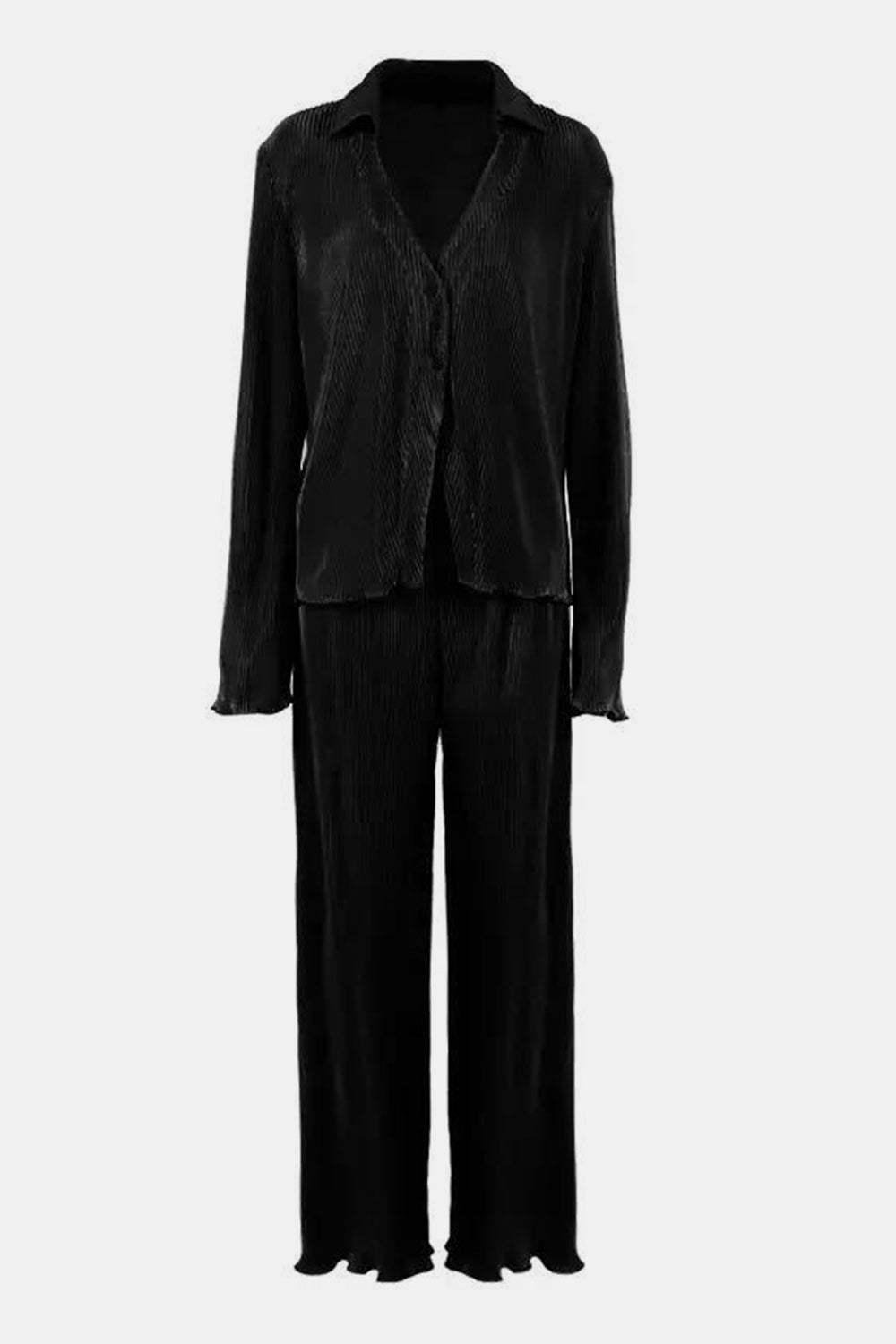 Textured Button Up Collared Neck Top and Pants Set - Trendsi - Flyclothing LLC